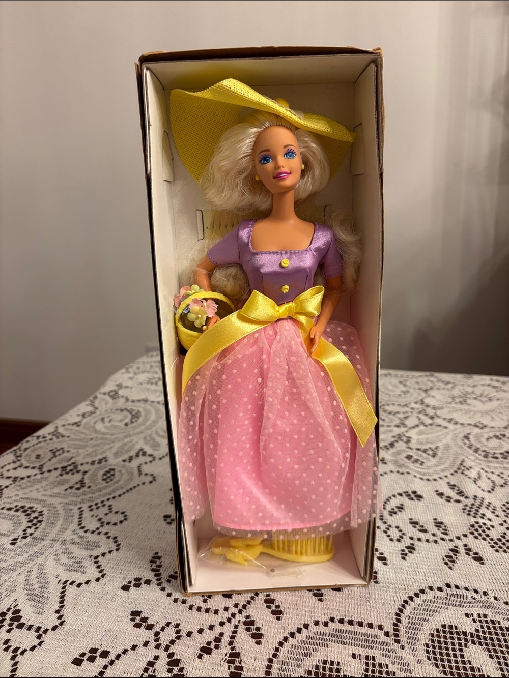 Barbie Purple Top Pink Polka Dot Skirt Yellow Hat & Bow Doll